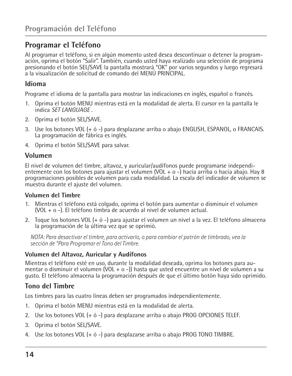 14 programar el teléfono, Programación del teléfono | GE 25425 User Manual | Page 68 / 108