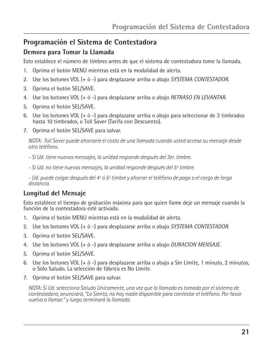 21 programación el sistema de contestadora, Programación del sistema de contestadora | GE 25425 User Manual | Page 75 / 108