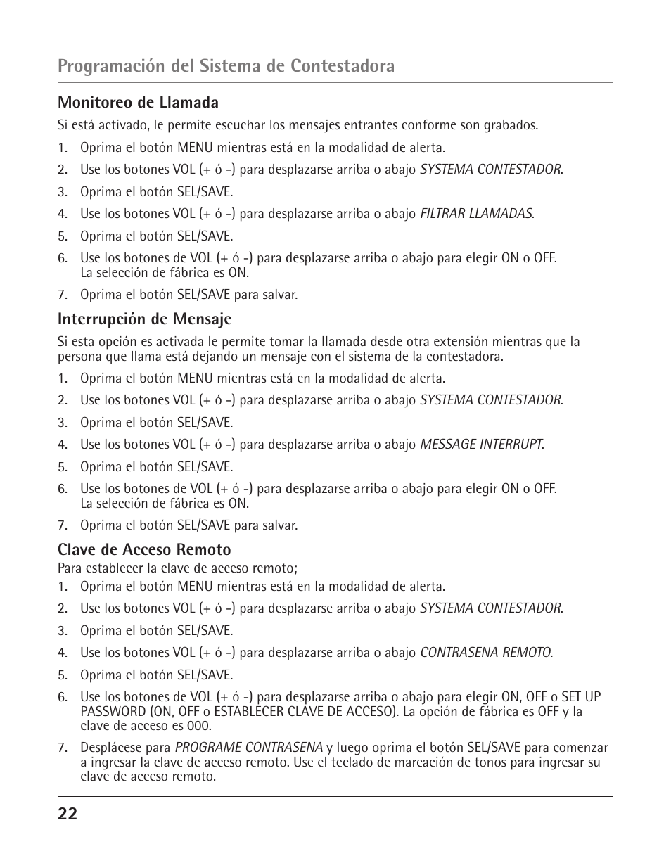 Programación del sistema de contestadora | GE 25425 User Manual | Page 76 / 108