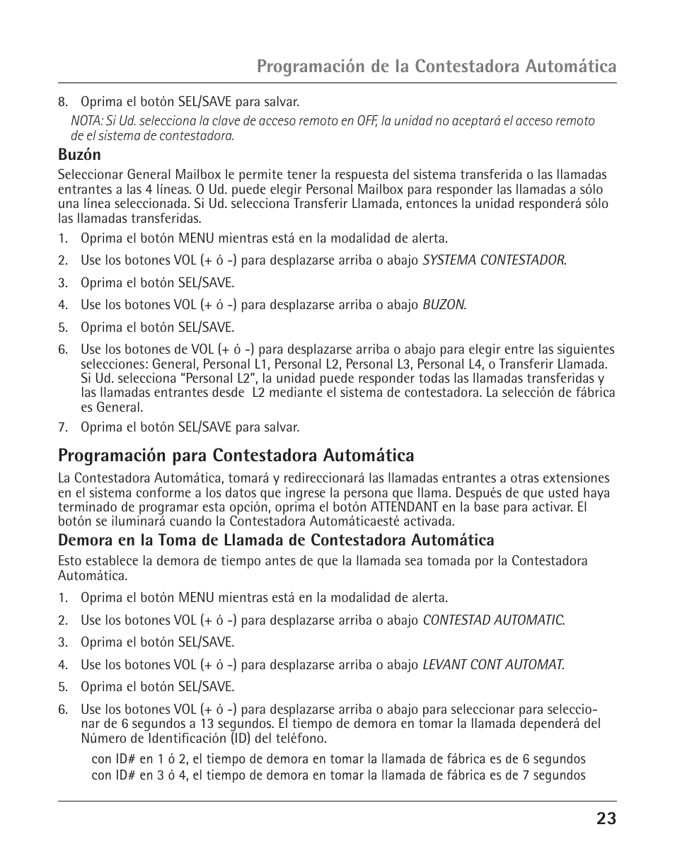 Programación para contestadora automática, Programación de la contestadora automática | GE 25425 User Manual | Page 77 / 108