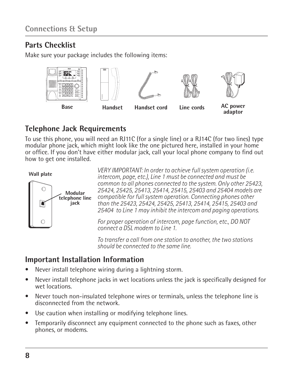 Parts checklist, Telephone jack requirements, Important installation information | Connections & setup | GE 25425 User Manual | Page 8 / 108