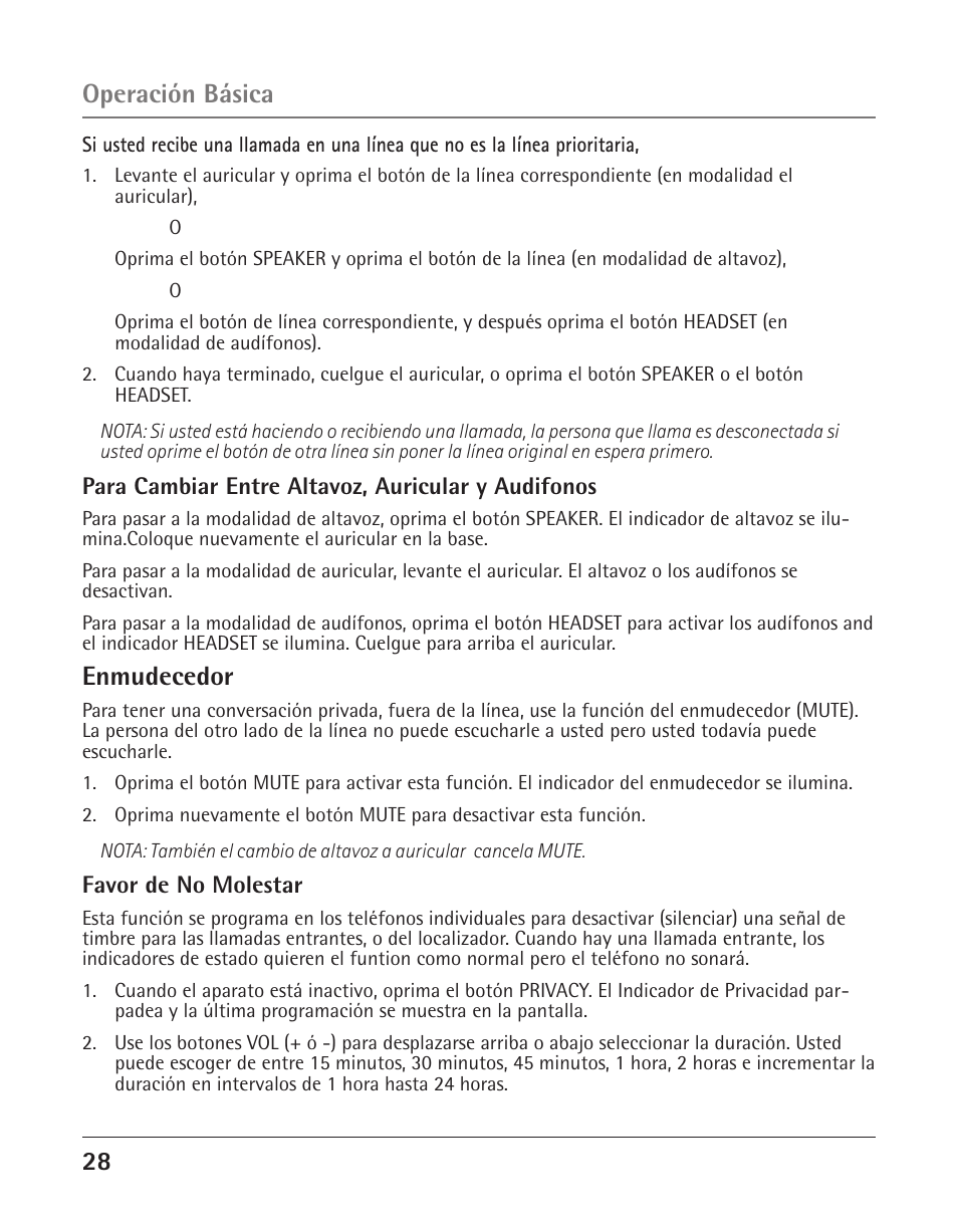 Enmudecedor, Operación básica | GE 25425 User Manual | Page 82 / 108