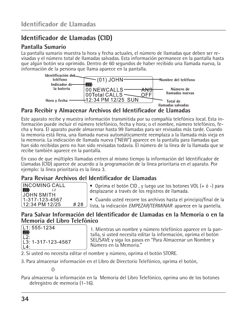 Identificador de llamadas (cid), Identificador de llamadas, Pantalla sumario | GE 25425 User Manual | Page 88 / 108