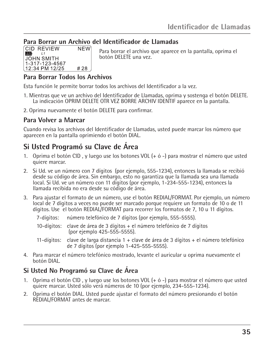 5 identificador de llamadas, Si usted programó su clave de área | GE 25425 User Manual | Page 89 / 108