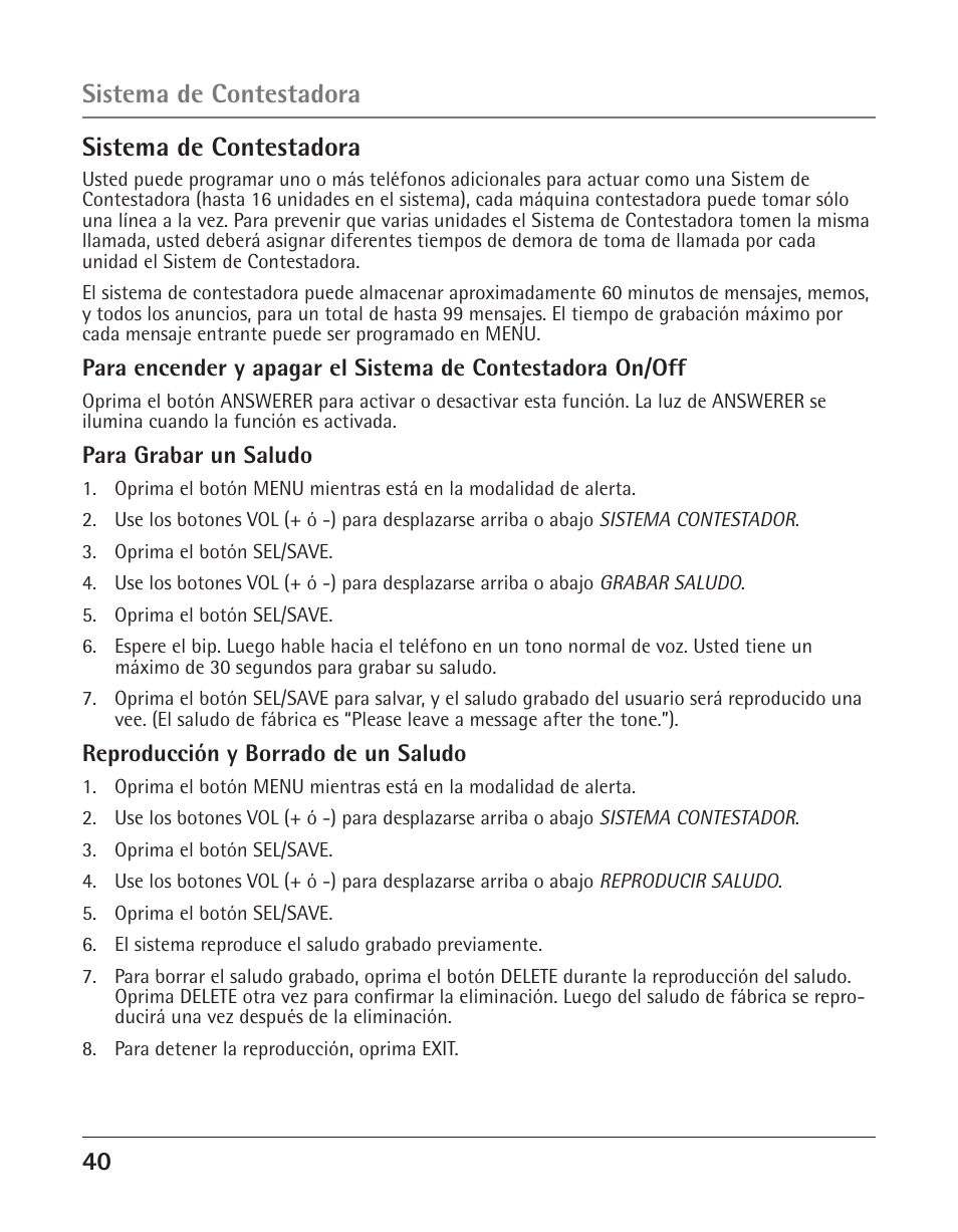 40 sistema de contestadora, Sistema de contestadora | GE 25425 User Manual | Page 94 / 108