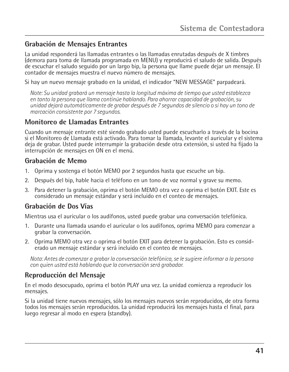 41 sistema de contestadora | GE 25425 User Manual | Page 95 / 108