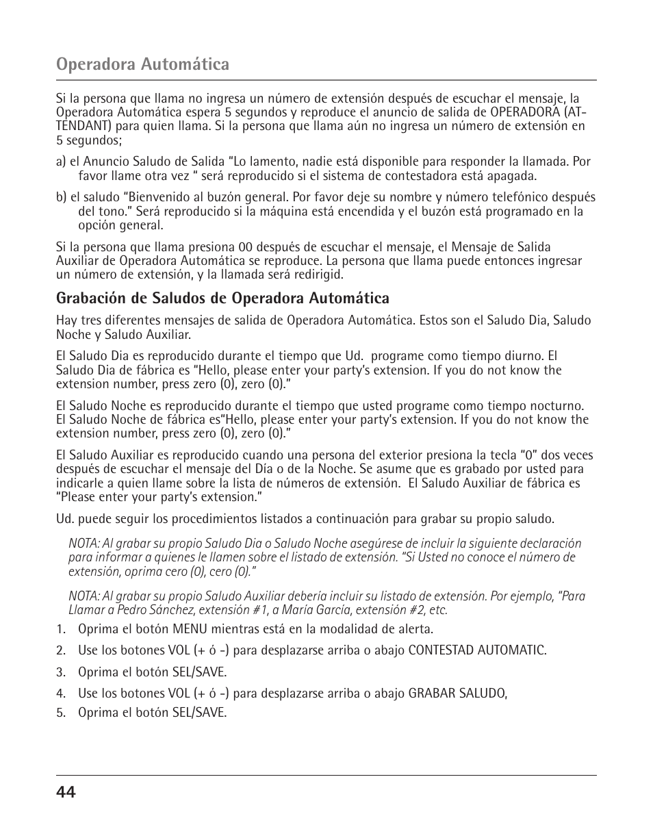 Operadora automática | GE 25425 User Manual | Page 98 / 108