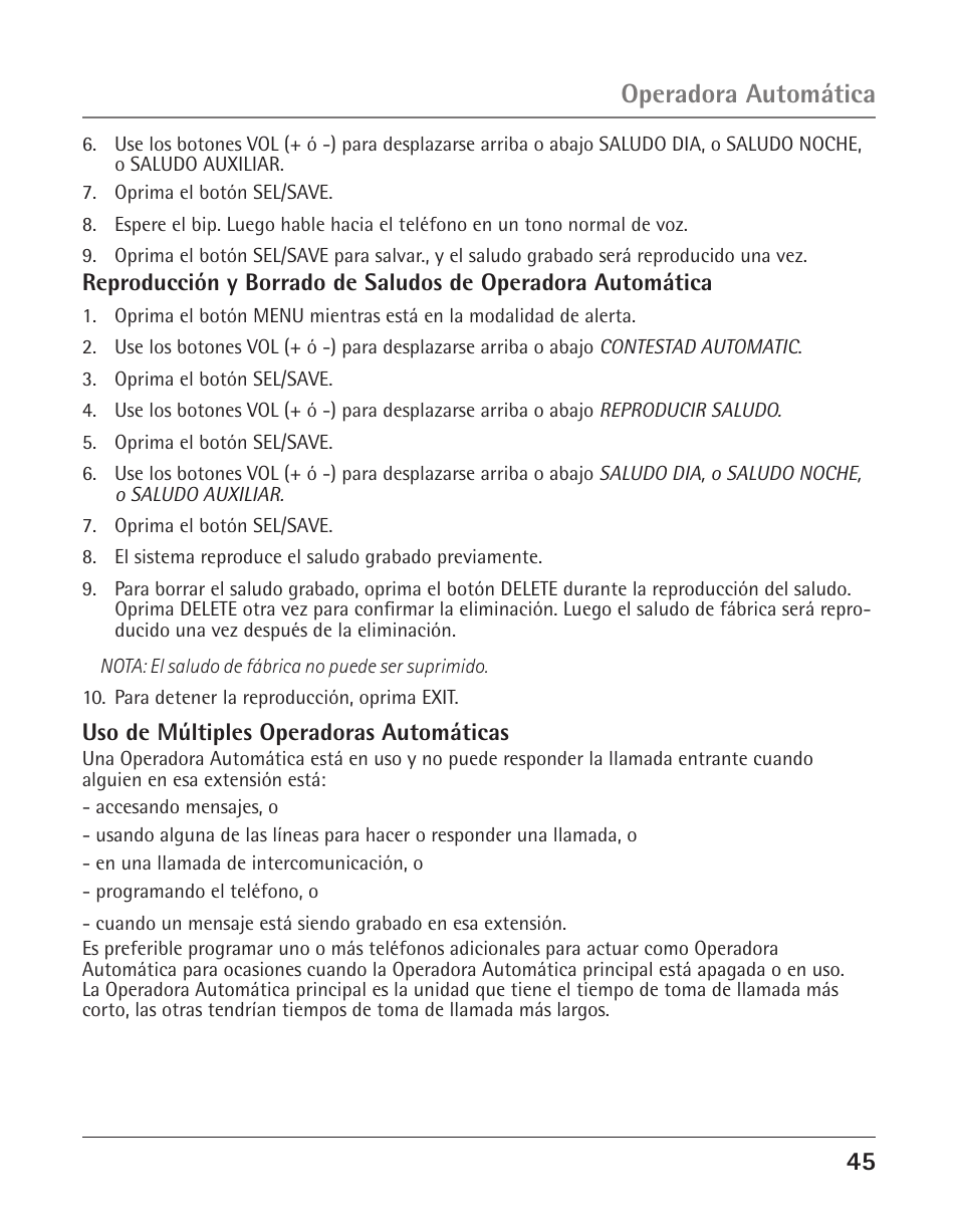 Operadora automática | GE 25425 User Manual | Page 99 / 108