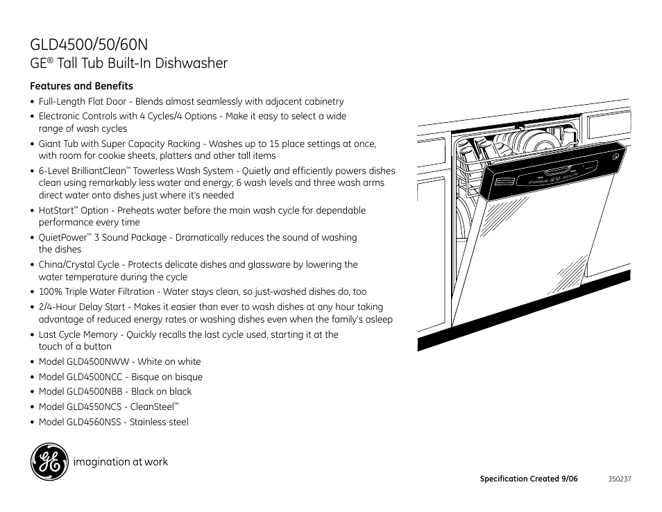 Tall tub built-in dishwasher | GE Profile GLD4550NLS User Manual | Page 2 / 2