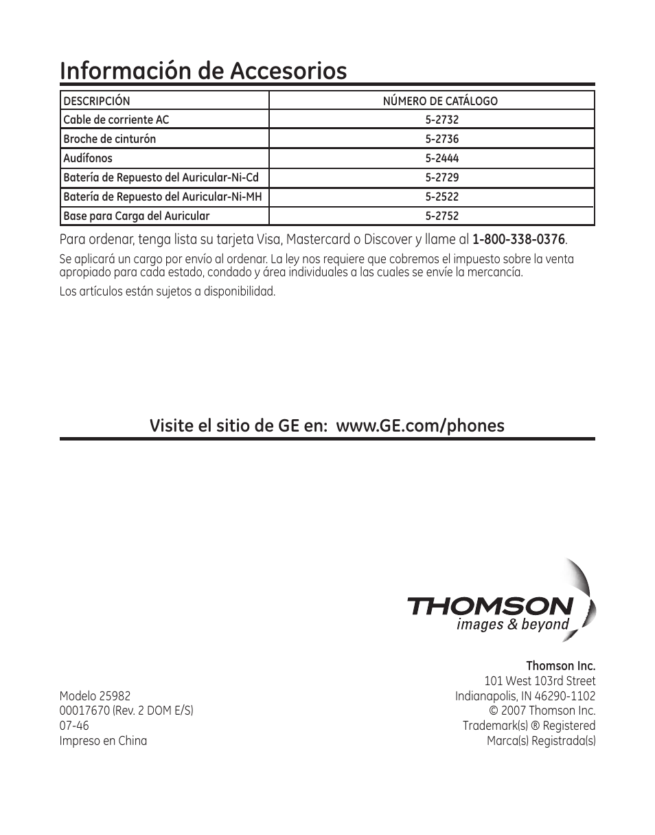 Información de accesorios | GE 25982 User Manual | Page 100 / 100
