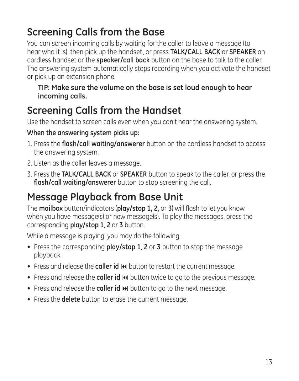 Screening calls from the base, Screening calls from the handset, Message playback from base unit | GE 25982 User Manual | Page 13 / 100