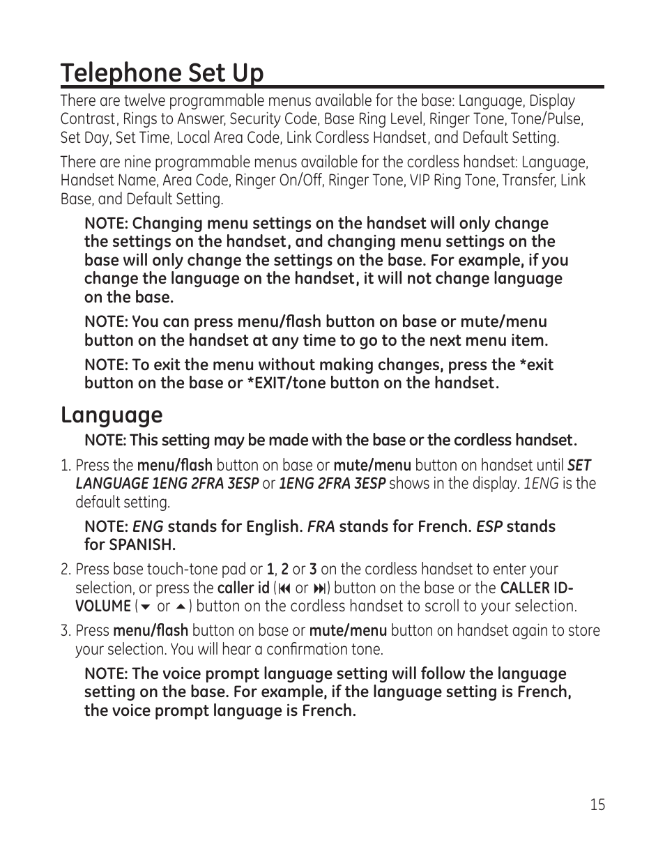 Telephone set up, Language | GE 25982 User Manual | Page 15 / 100