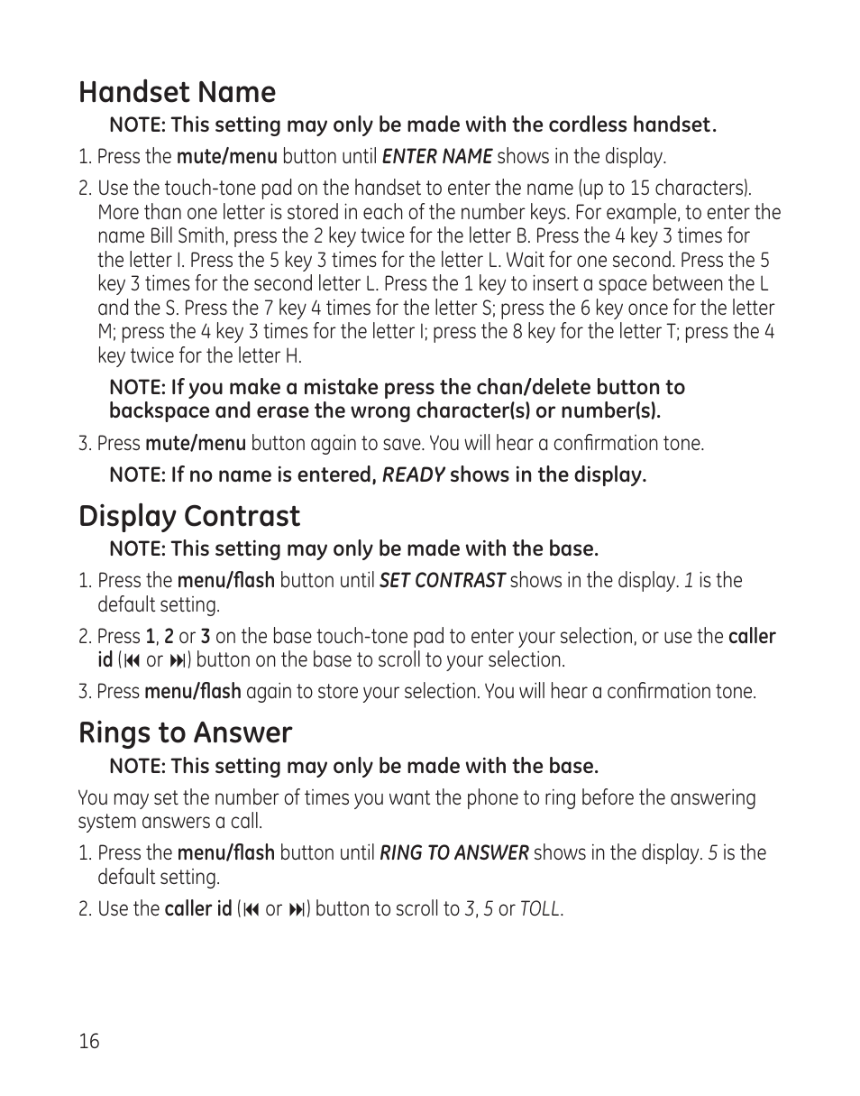 Handset name, Display contrast, Rings to answer | GE 25982 User Manual | Page 16 / 100
