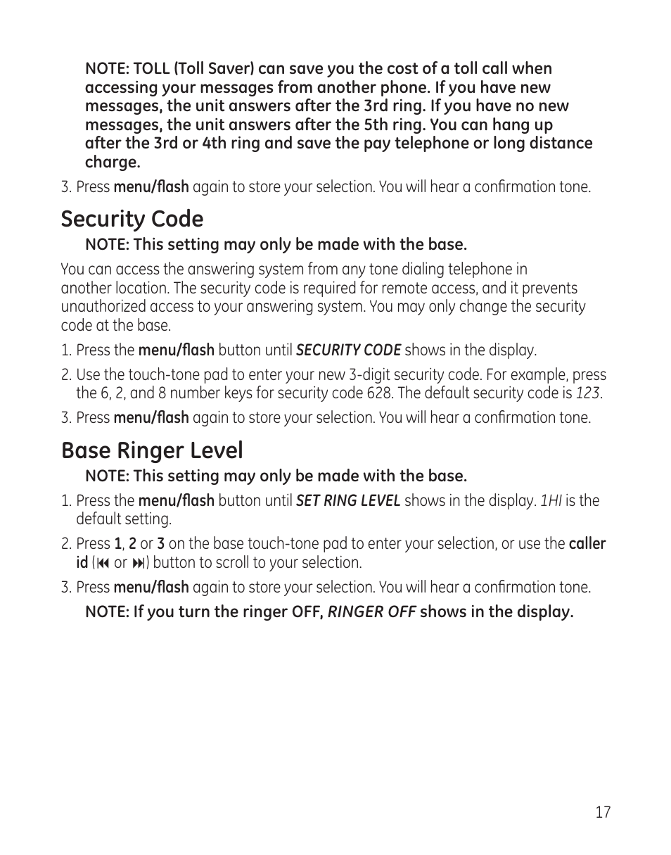 Security code, Base ringer level | GE 25982 User Manual | Page 17 / 100
