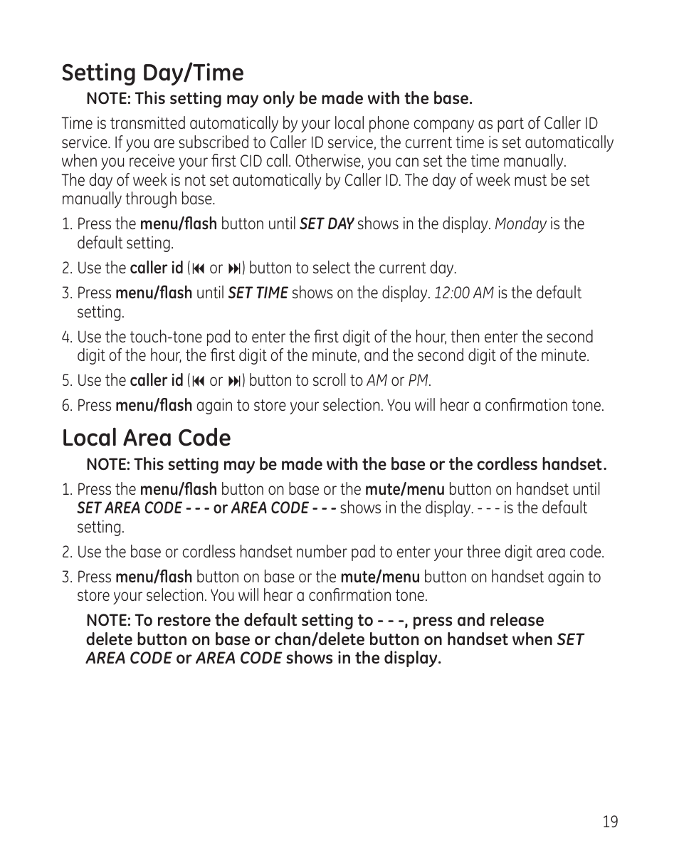 Setting day/time, Local area code | GE 25982 User Manual | Page 19 / 100