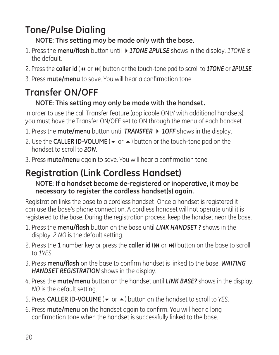 Tone/pulse dialing, Transfer on/off, Registration (link cordless handset) | GE 25982 User Manual | Page 20 / 100