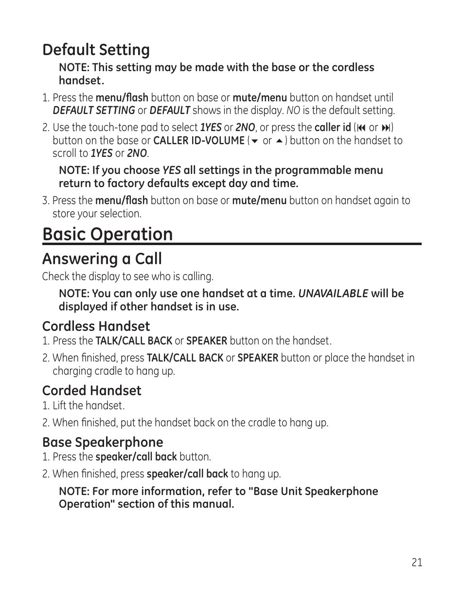 Basic operation, Default setting, Answering a call | GE 25982 User Manual | Page 21 / 100
