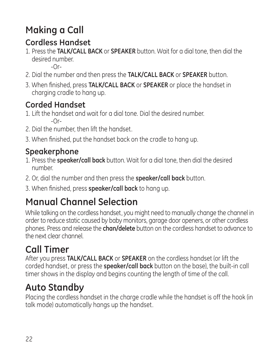 Making a call, Manual channel selection, Call timer | Auto standby | GE 25982 User Manual | Page 22 / 100