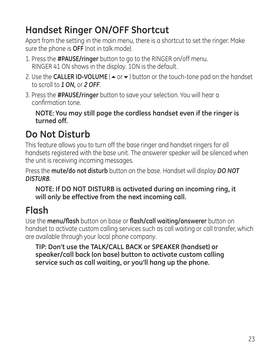 Handset ringer on/off shortcut, Do not disturb, Flash | GE 25982 User Manual | Page 23 / 100