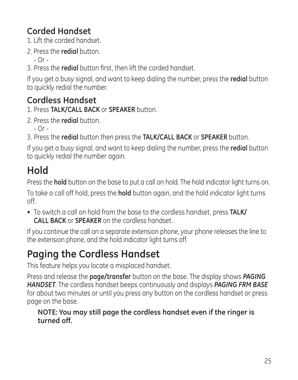Hold, Paging the cordless handset | GE 25982 User Manual | Page 25 / 100