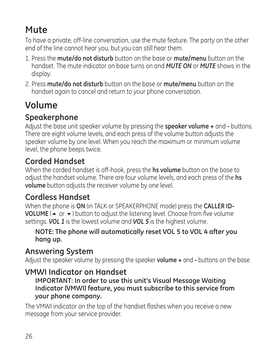 Mute, Volume | GE 25982 User Manual | Page 26 / 100