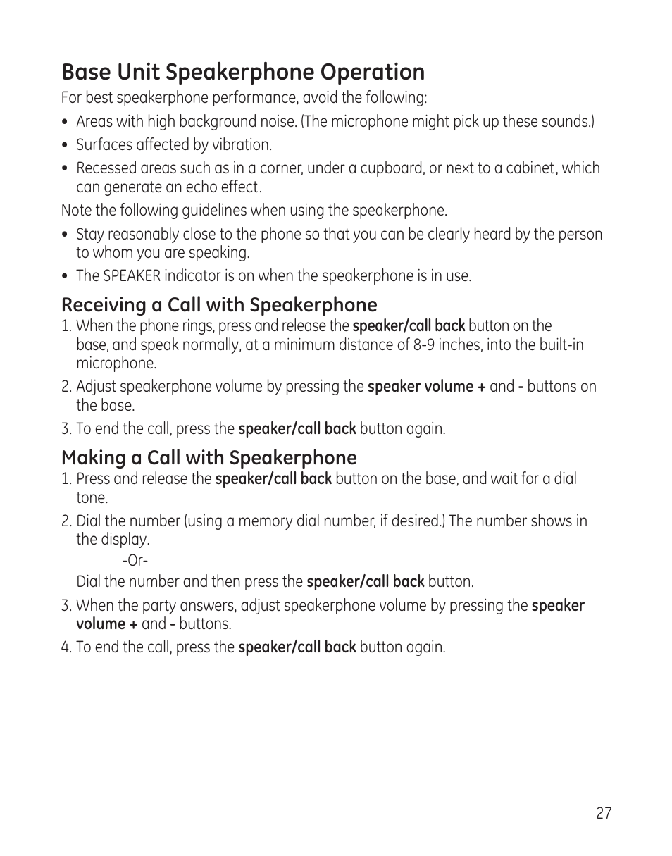 Base unit speakerphone operation, Receiving a call with speakerphone, Making a call with speakerphone | GE 25982 User Manual | Page 27 / 100