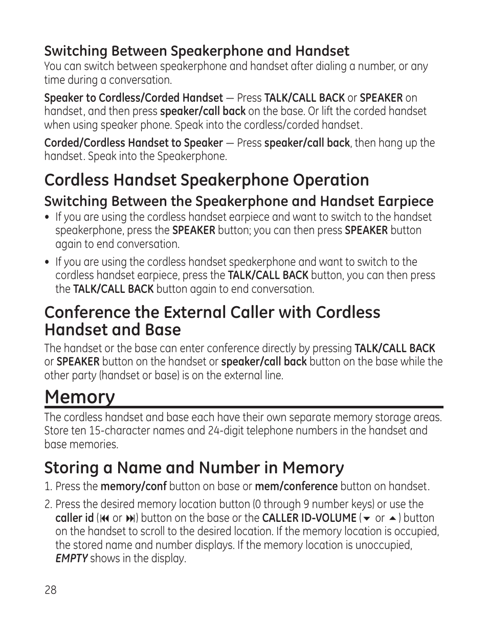 Cordless handset speakerphone operation | GE 25982 User Manual | Page 28 / 100