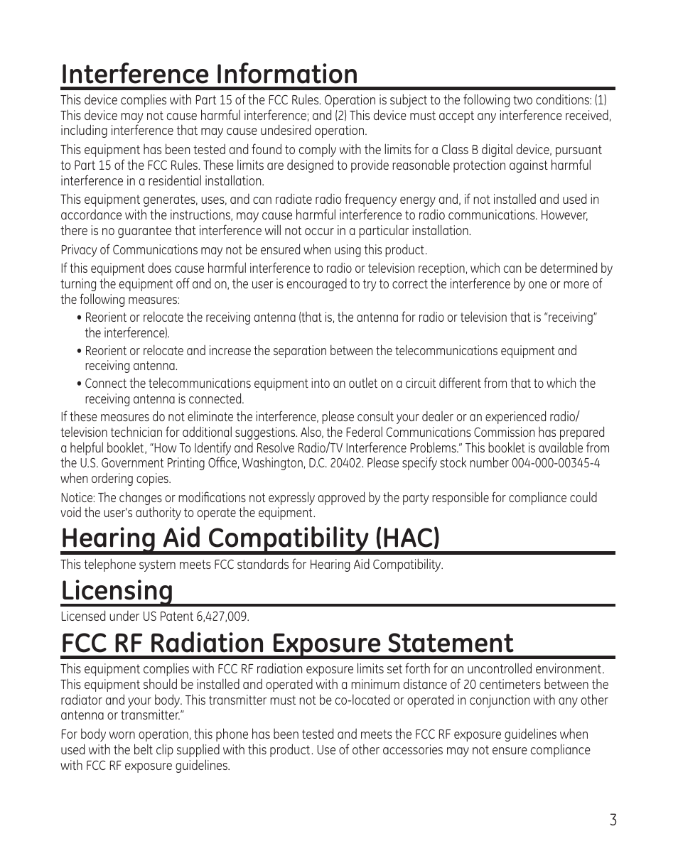 Interference information, Hearing aid compatibility (hac), Licensing | Fcc rf radiation exposure statement | GE 25982 User Manual | Page 3 / 100