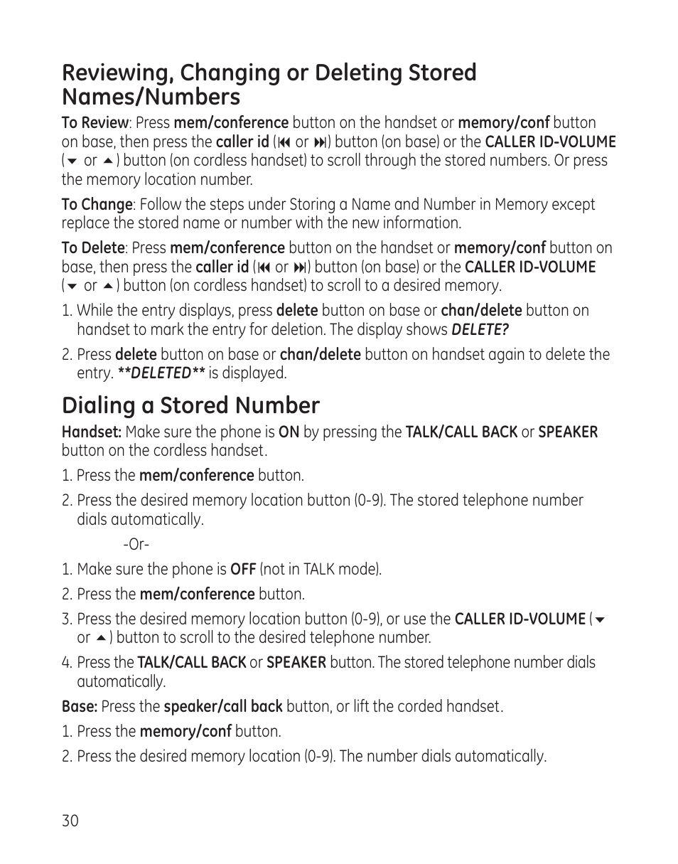 Dialing a stored number | GE 25982 User Manual | Page 30 / 100