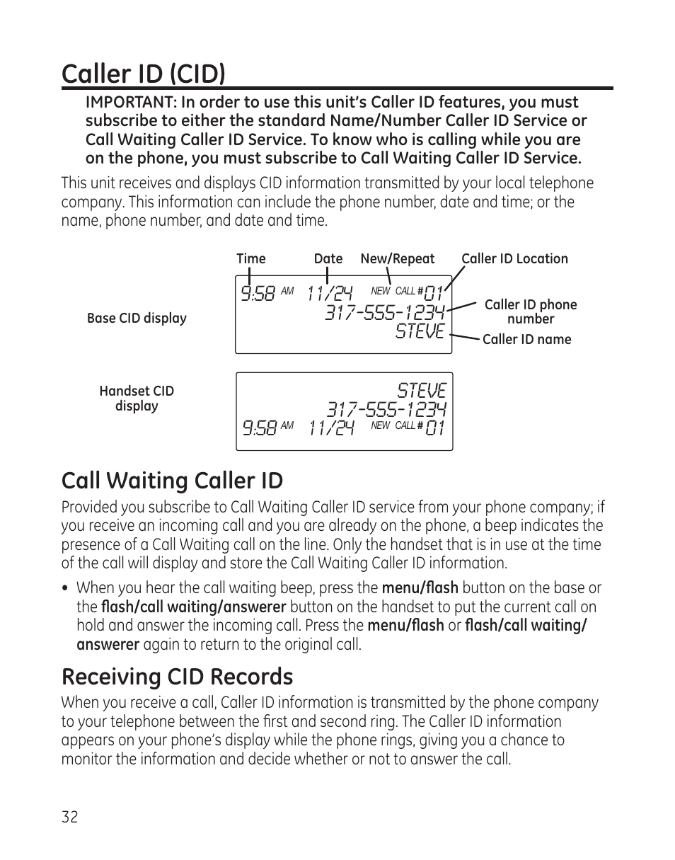 Caller id (cid), Call waiting caller id, Receiving cid records | GE 25982 User Manual | Page 32 / 100