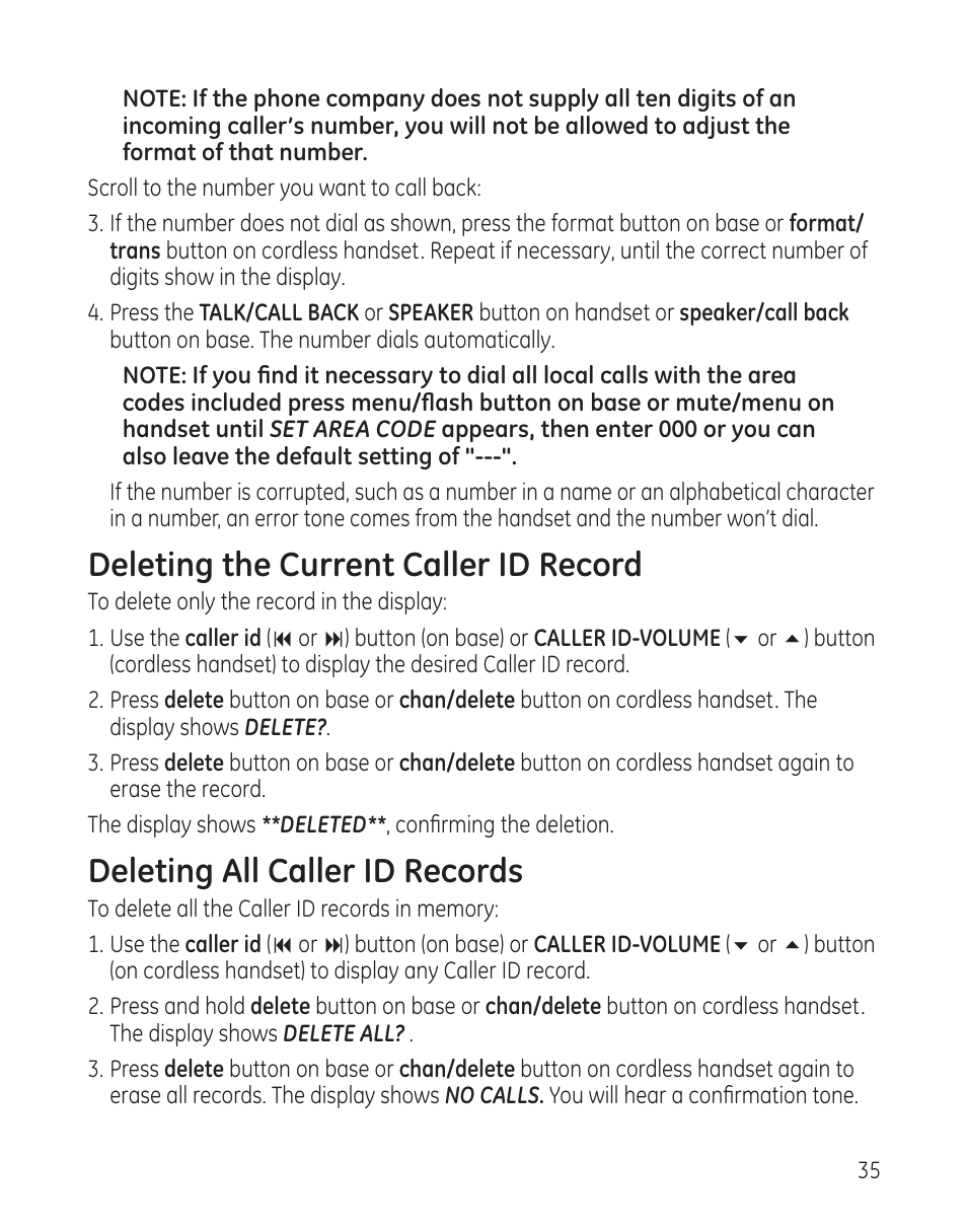 Deleting the current caller id record, Deleting all caller id records | GE 25982 User Manual | Page 35 / 100