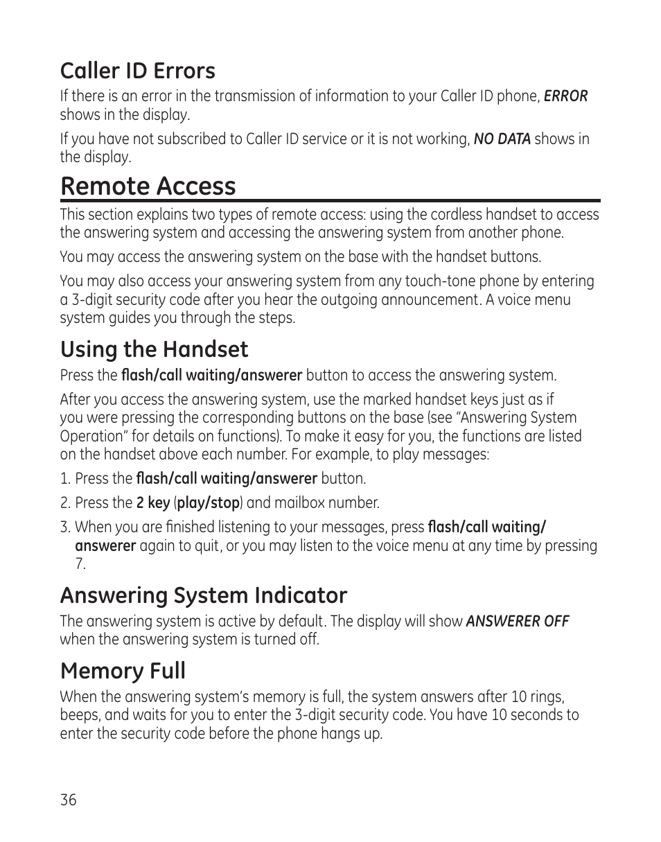 Remote access, Caller id errors, Using the handset | Answering system indicator | GE 25982 User Manual | Page 36 / 100