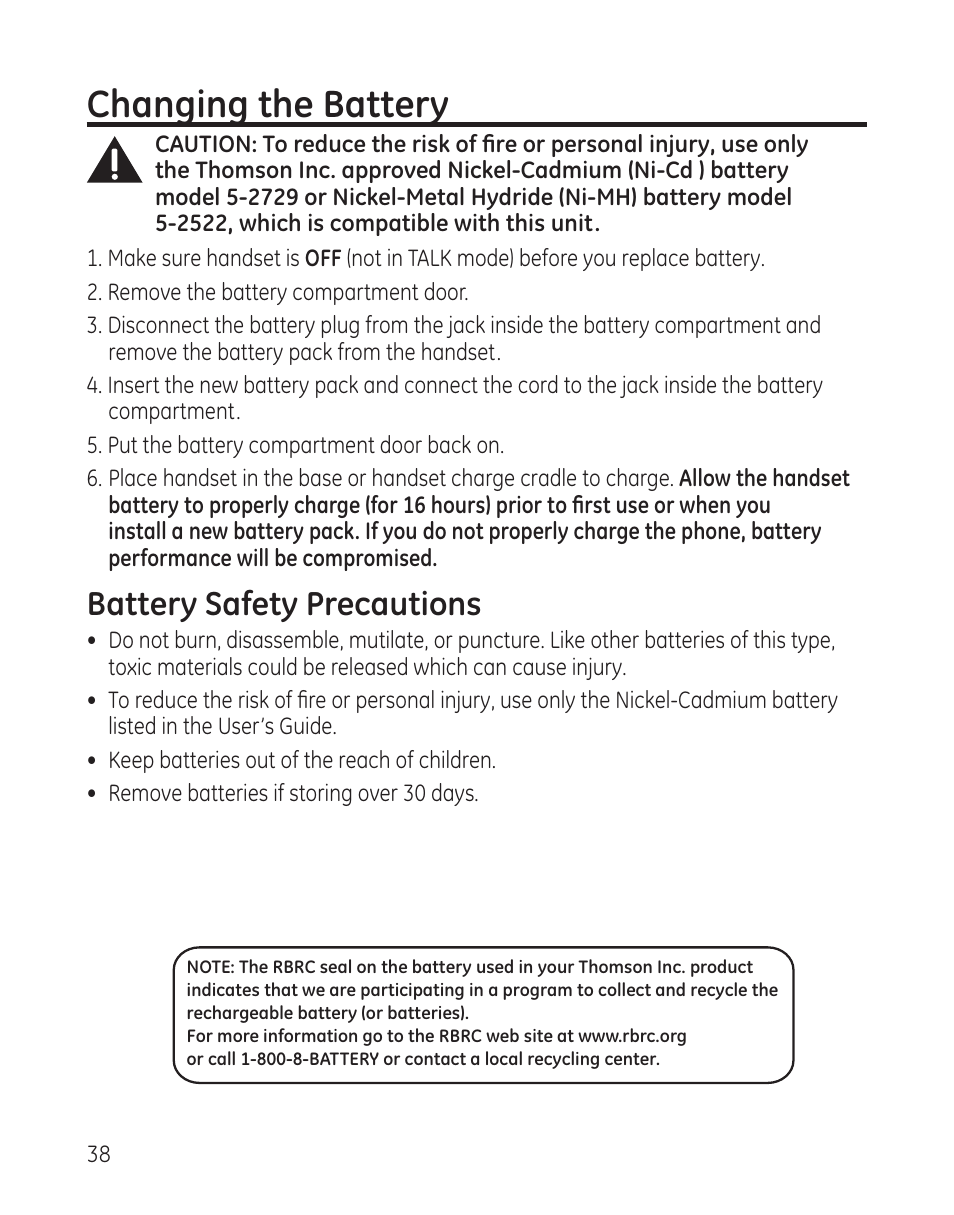 Changing the battery, Battery safety precautions | GE 25982 User Manual | Page 38 / 100