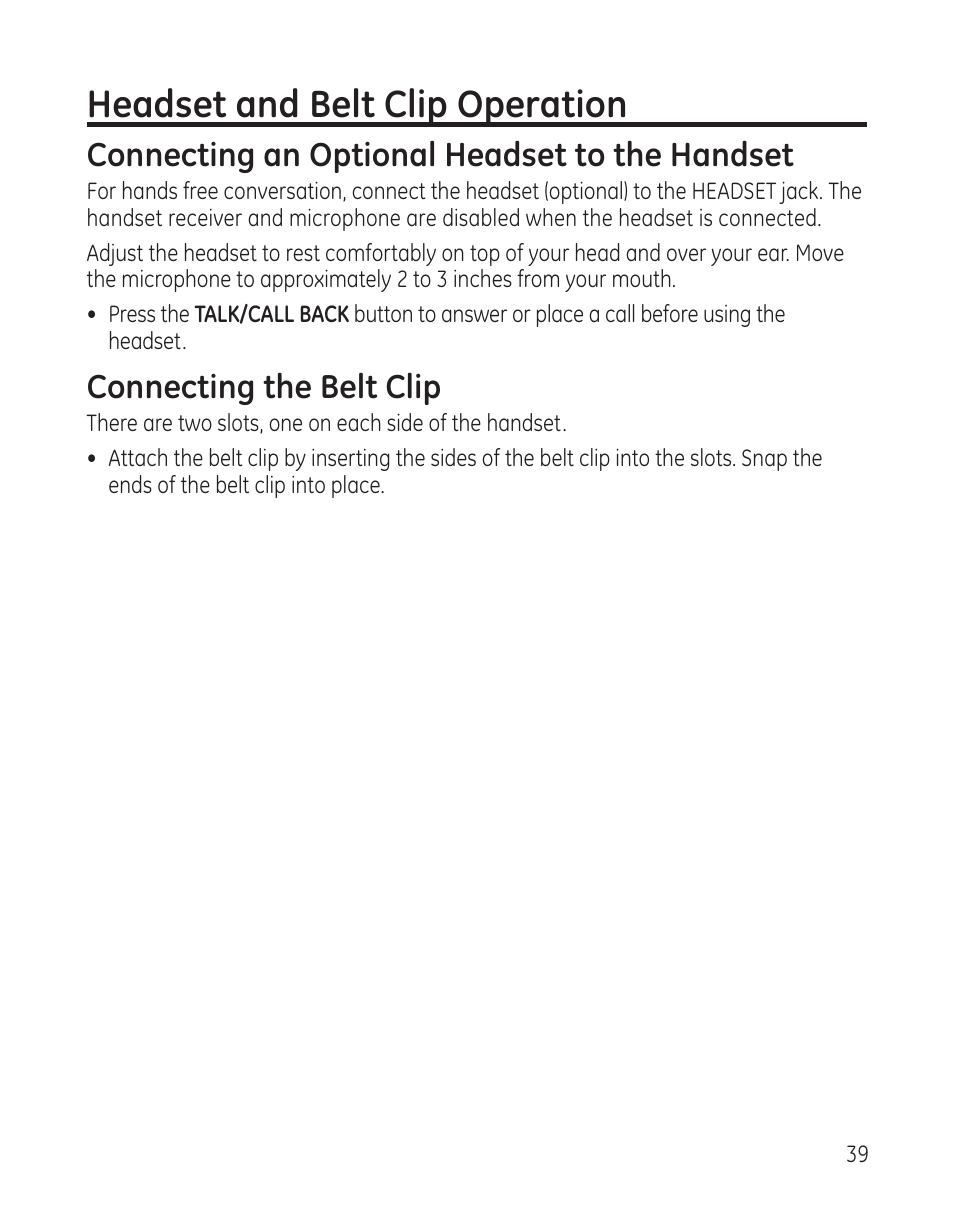 Headset and belt clip operation, Connecting an optional headset to the handset, Connecting the belt clip | GE 25982 User Manual | Page 39 / 100