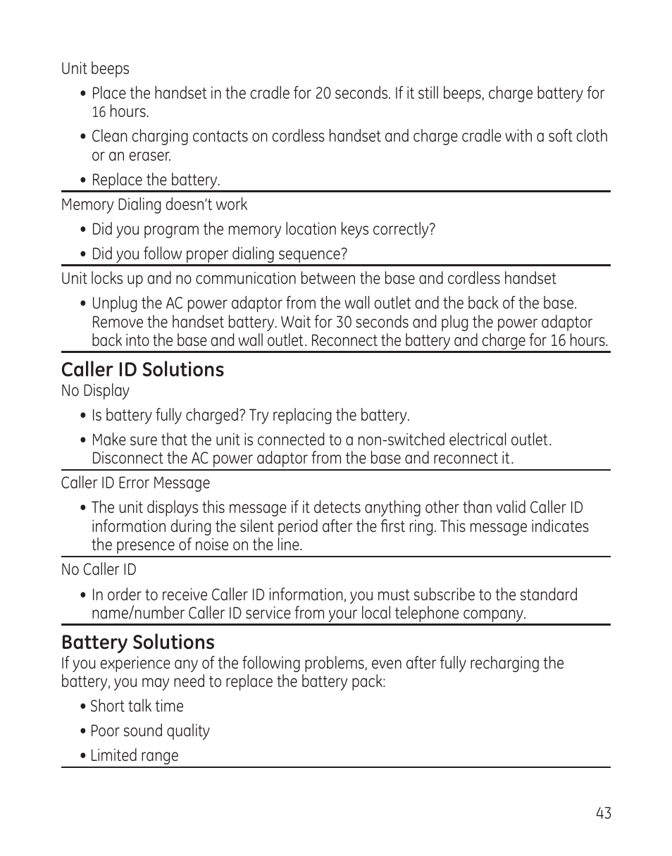 Caller id solutions, Battery solutions | GE 25982 User Manual | Page 43 / 100