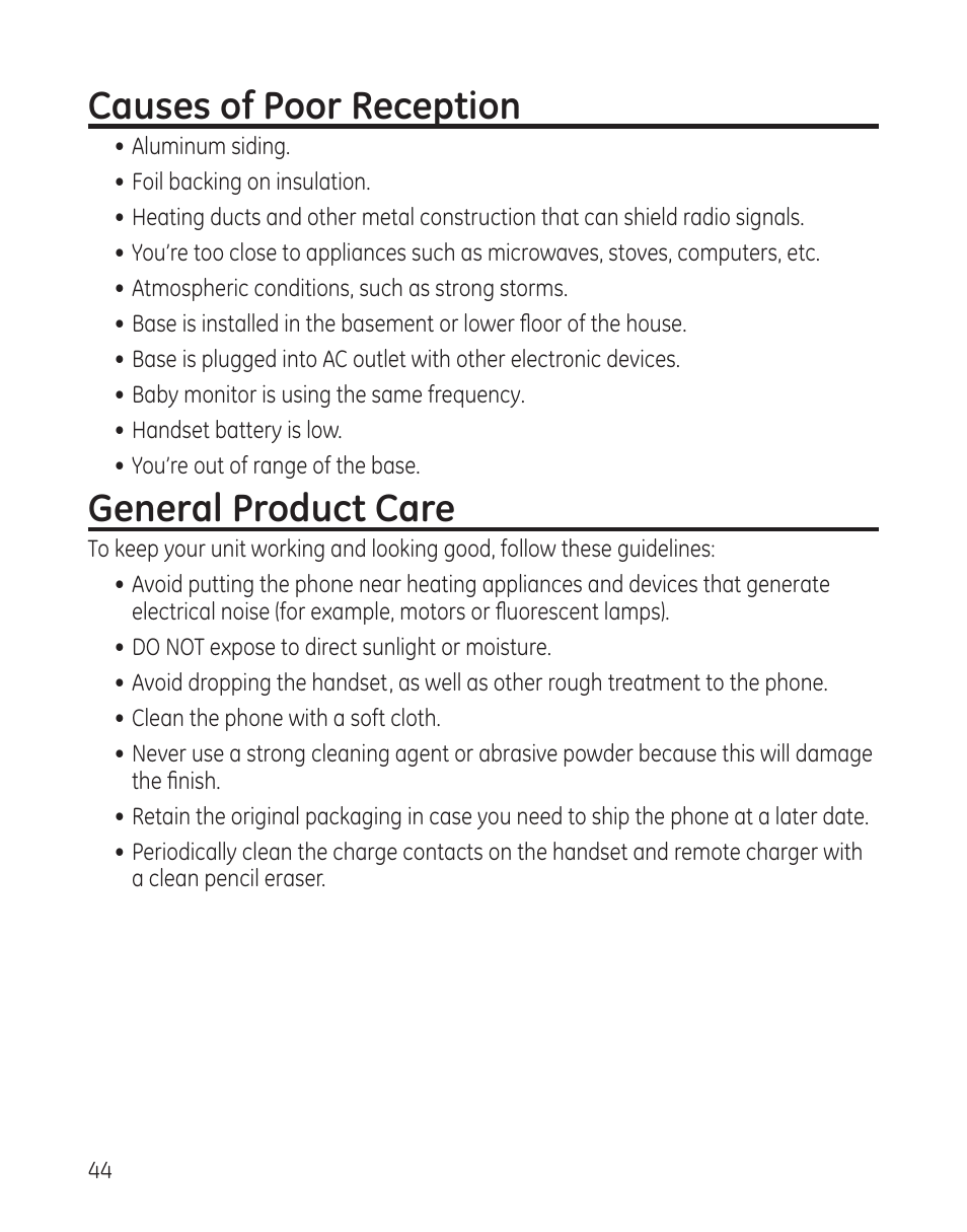 Causes of poor reception, General product care | GE 25982 User Manual | Page 44 / 100