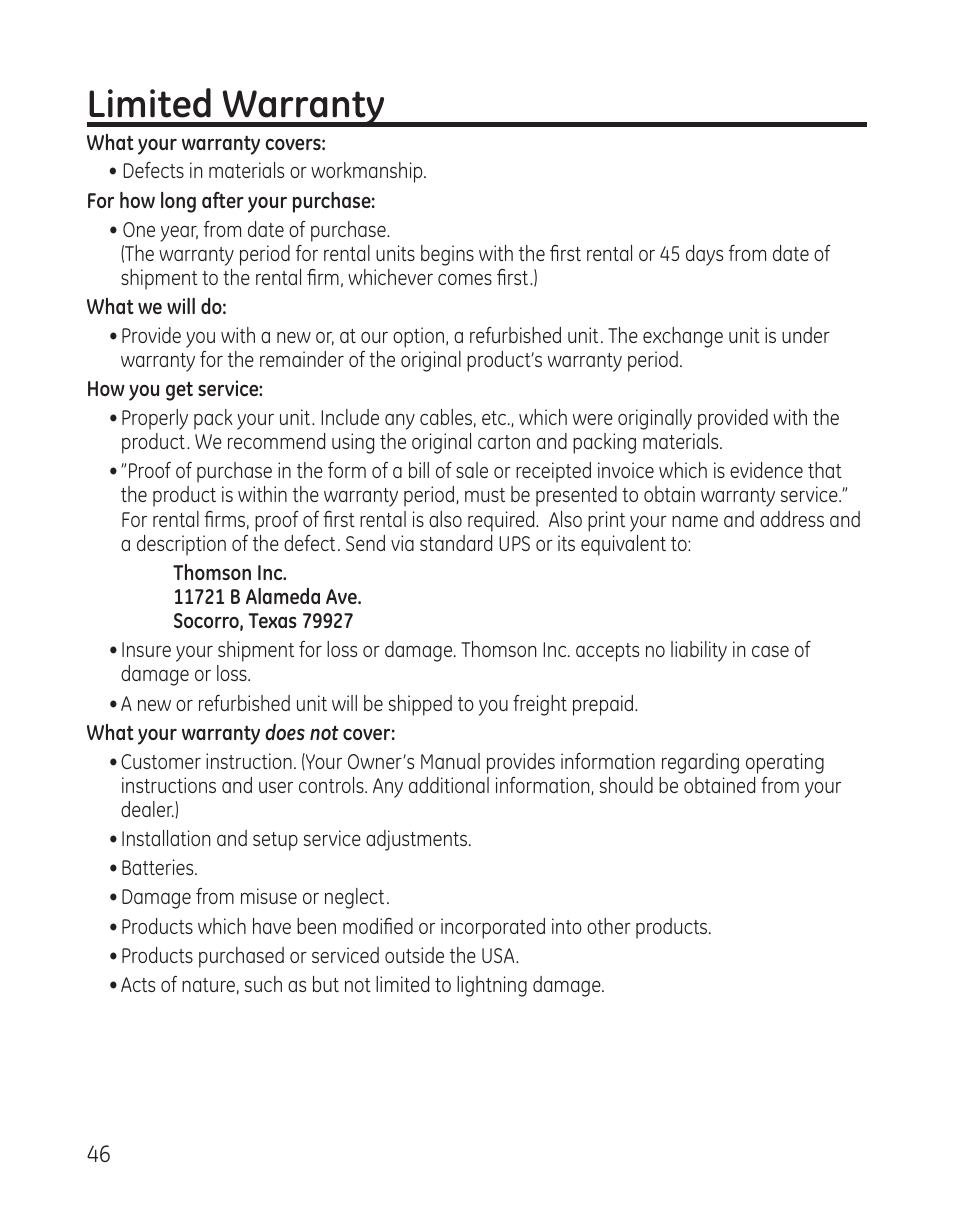 Limited warranty | GE 25982 User Manual | Page 46 / 100