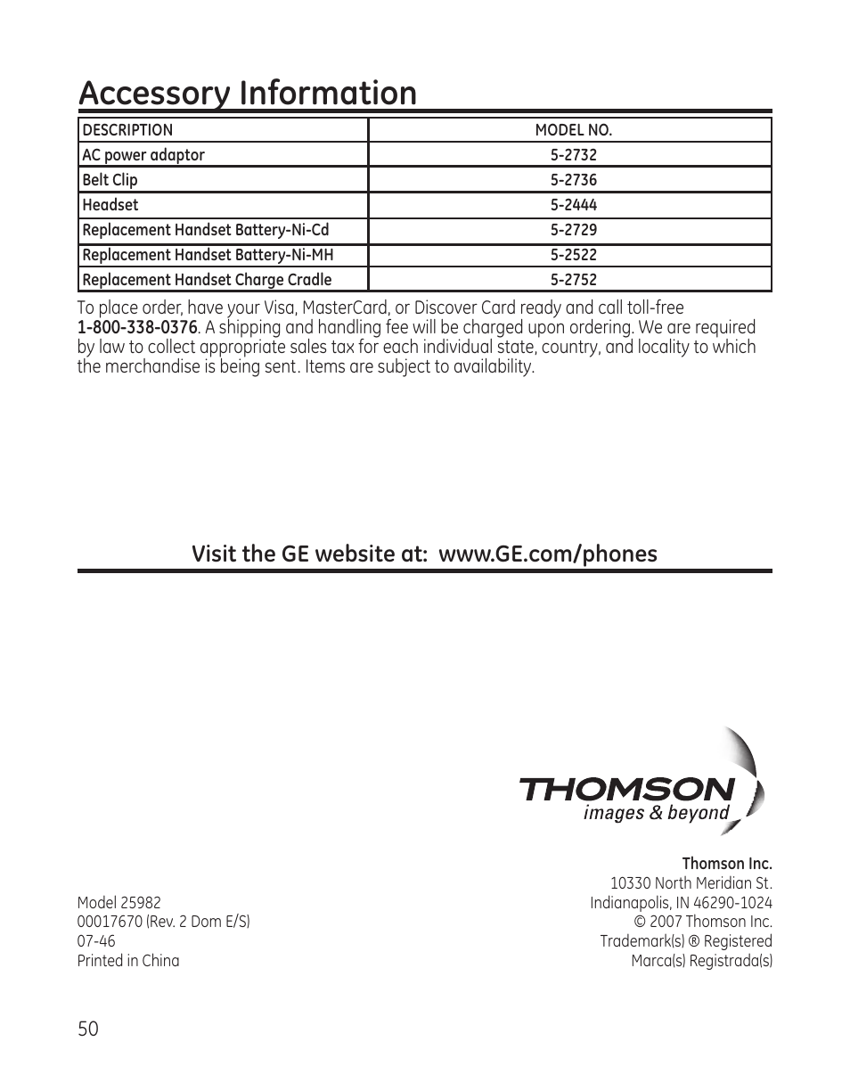 Accessory information | GE 25982 User Manual | Page 50 / 100