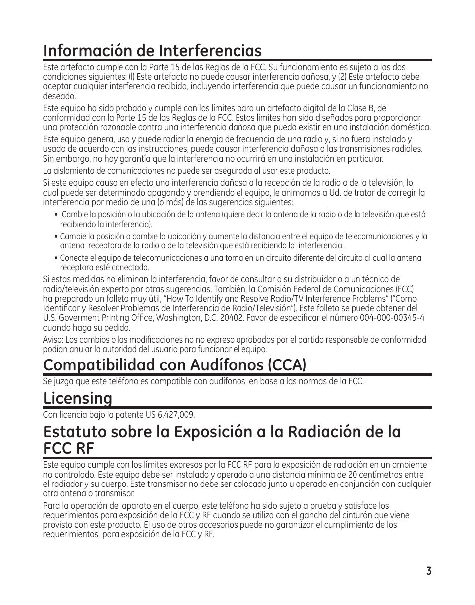 Información de interferencias, Compatibilidad con audífonos (cca), Licensing | GE 25982 User Manual | Page 53 / 100