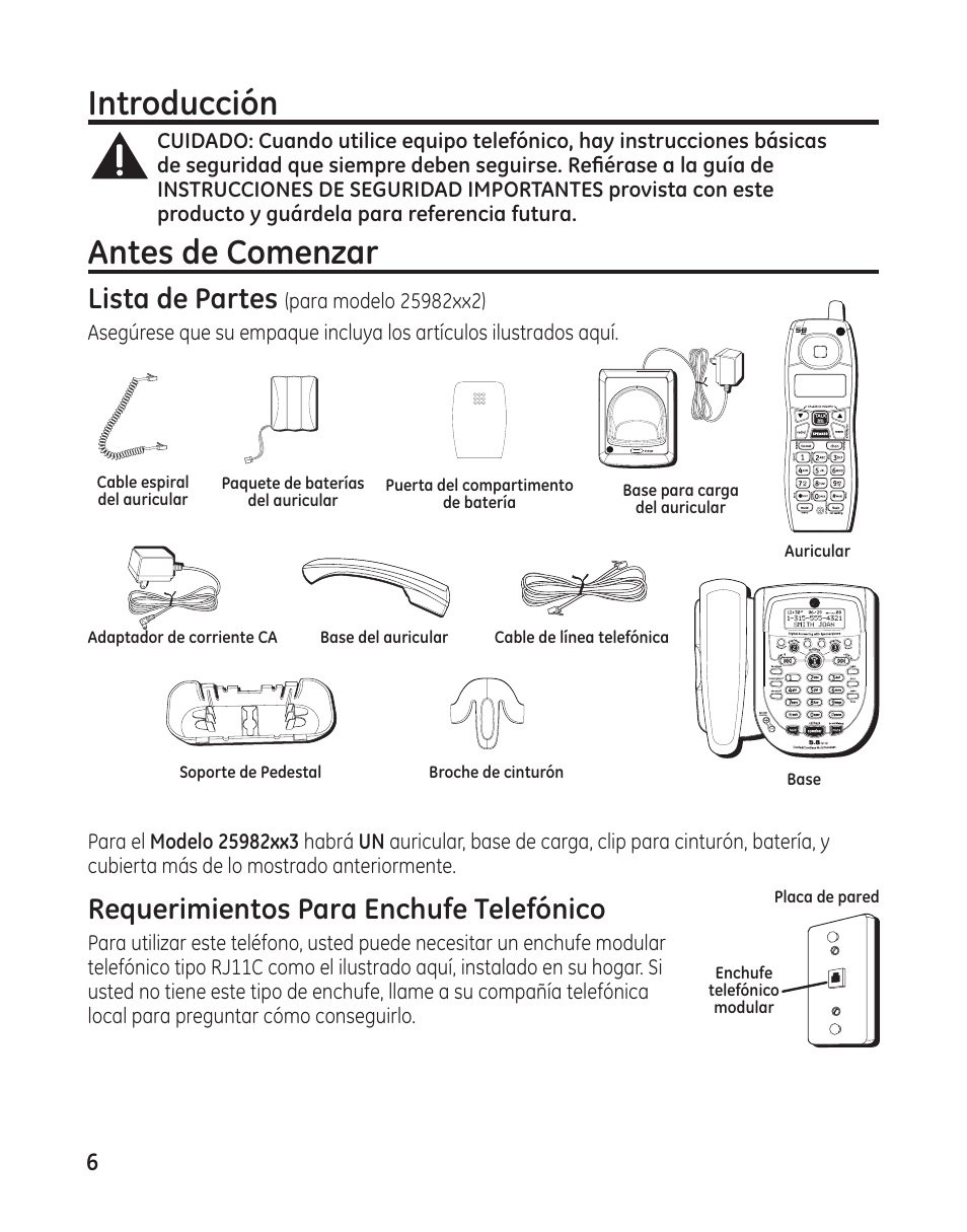 Introducción, Antes de comenzar, Requerimientos para enchufe telefónico | Lista de partes | GE 25982 User Manual | Page 56 / 100