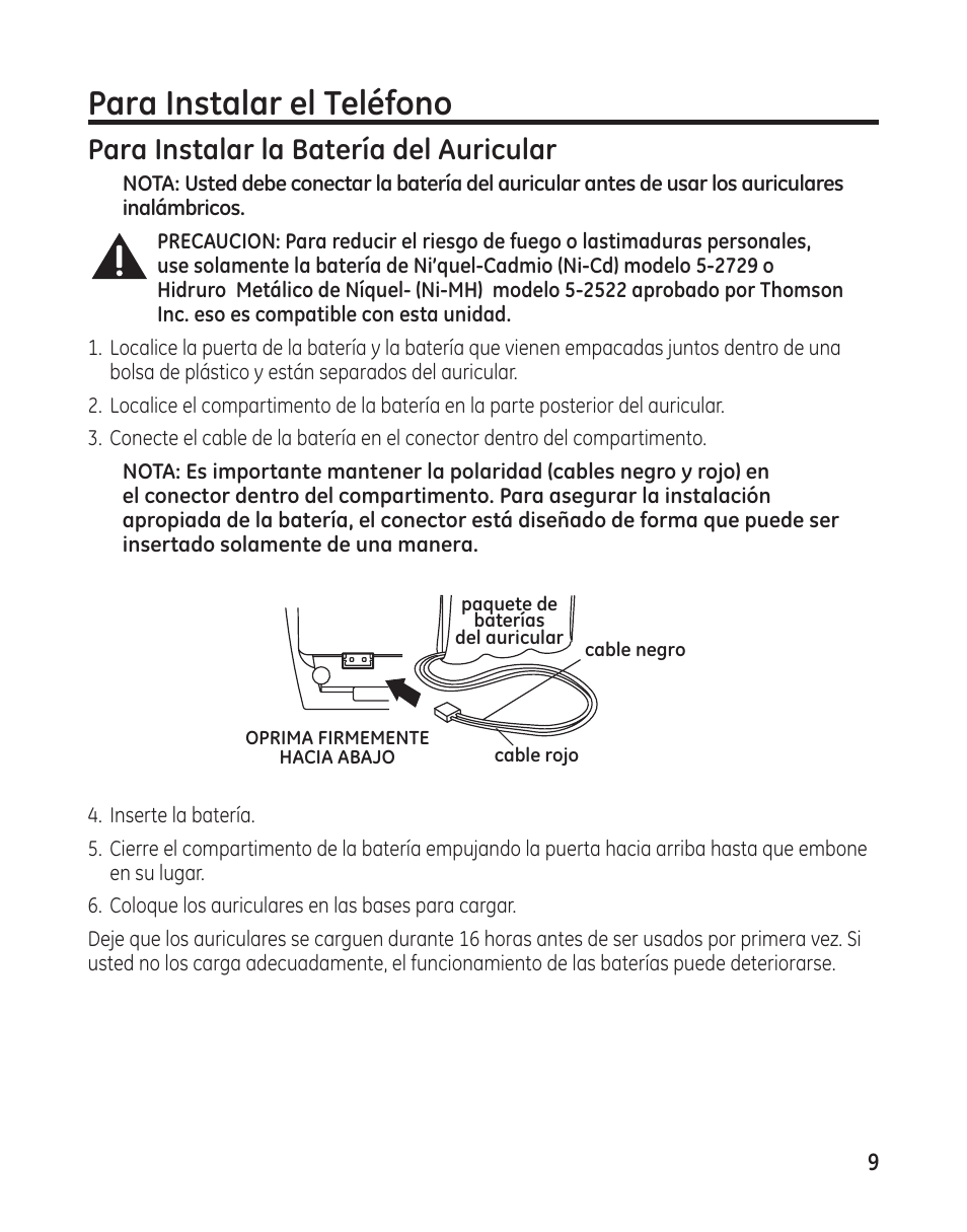 Para instalar el teléfono, Para instalar la batería del auricular | GE 25982 User Manual | Page 59 / 100