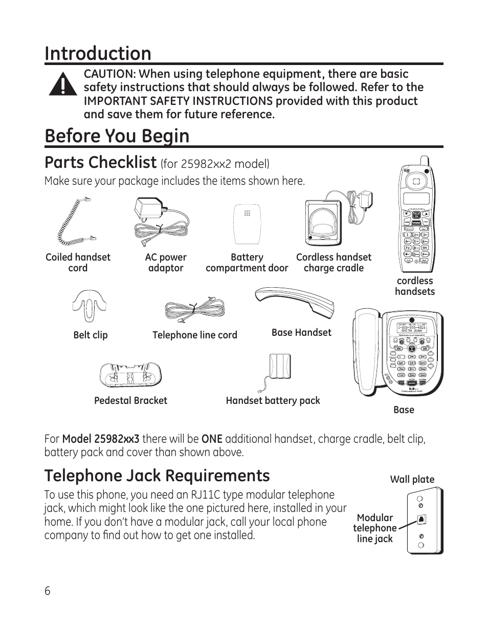 Introduction, Before you begin, Telephone jack requirements | Parts checklist | GE 25982 User Manual | Page 6 / 100