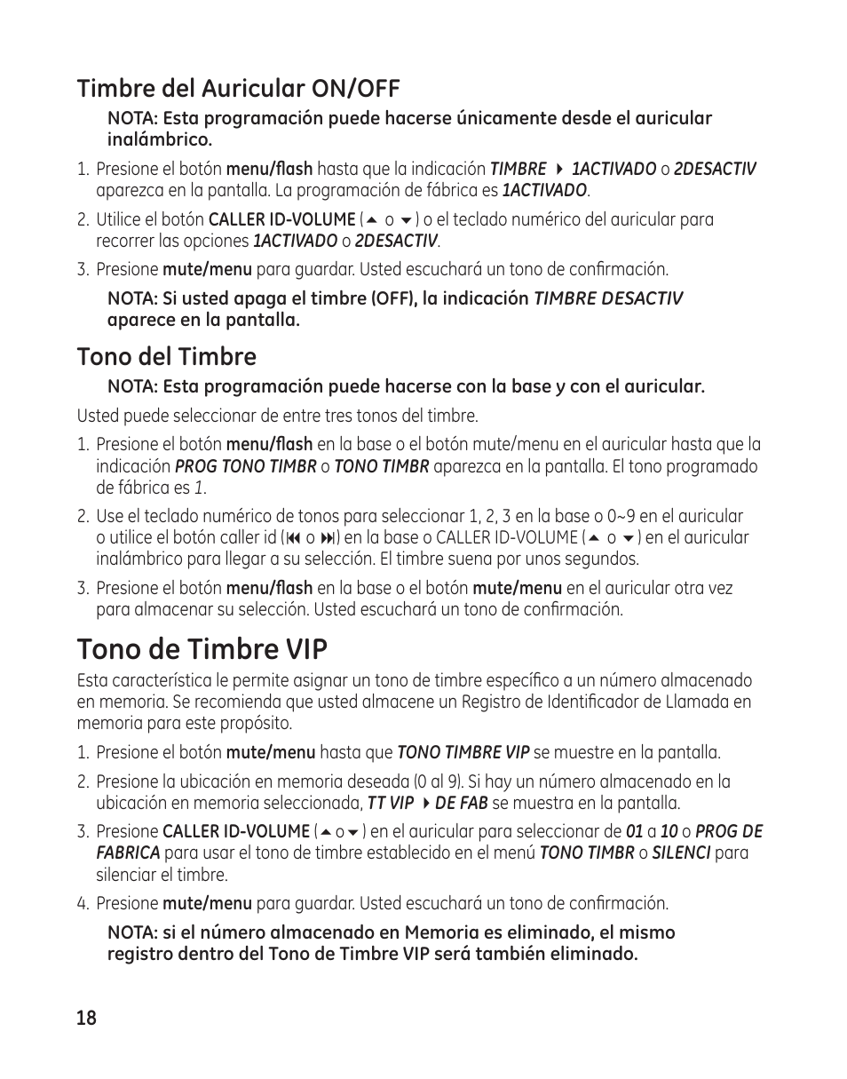 Tono de timbre vip, Timbre del auricular on/off, Tono del timbre | GE 25982 User Manual | Page 68 / 100