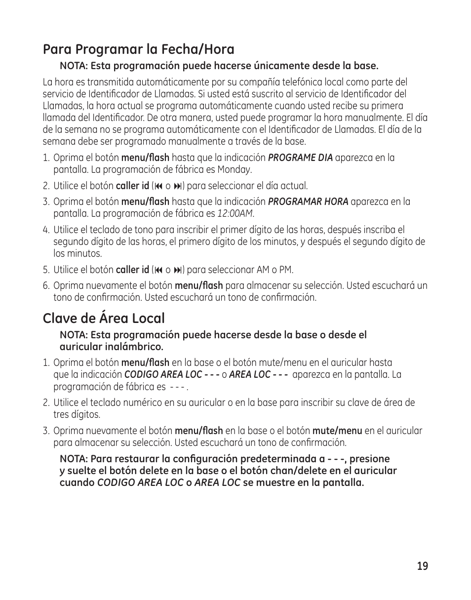 Para programar la fecha/hora, Clave de área local | GE 25982 User Manual | Page 69 / 100