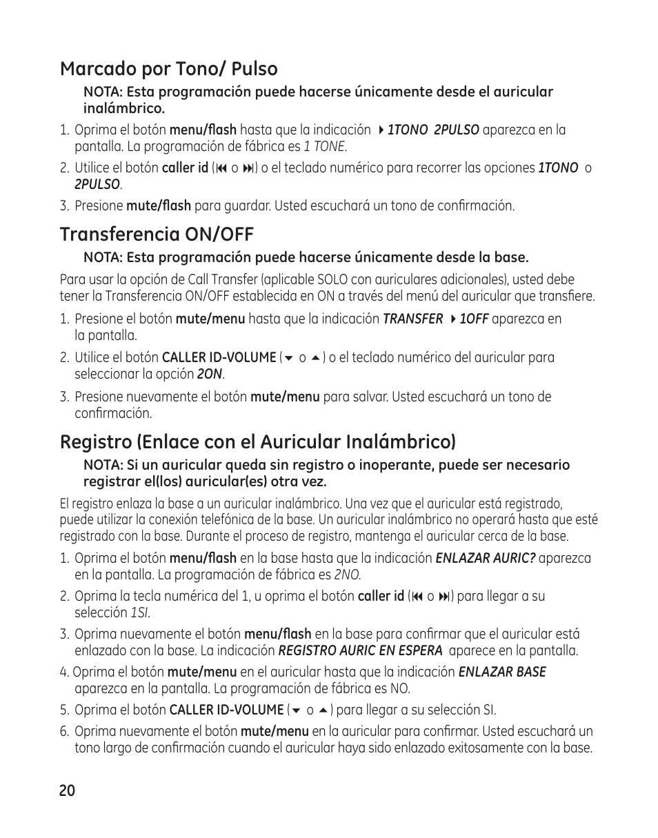 Marcado por tono/ pulso, Transferencia on/off, Registro (enlace con el auricular inalámbrico) | GE 25982 User Manual | Page 70 / 100