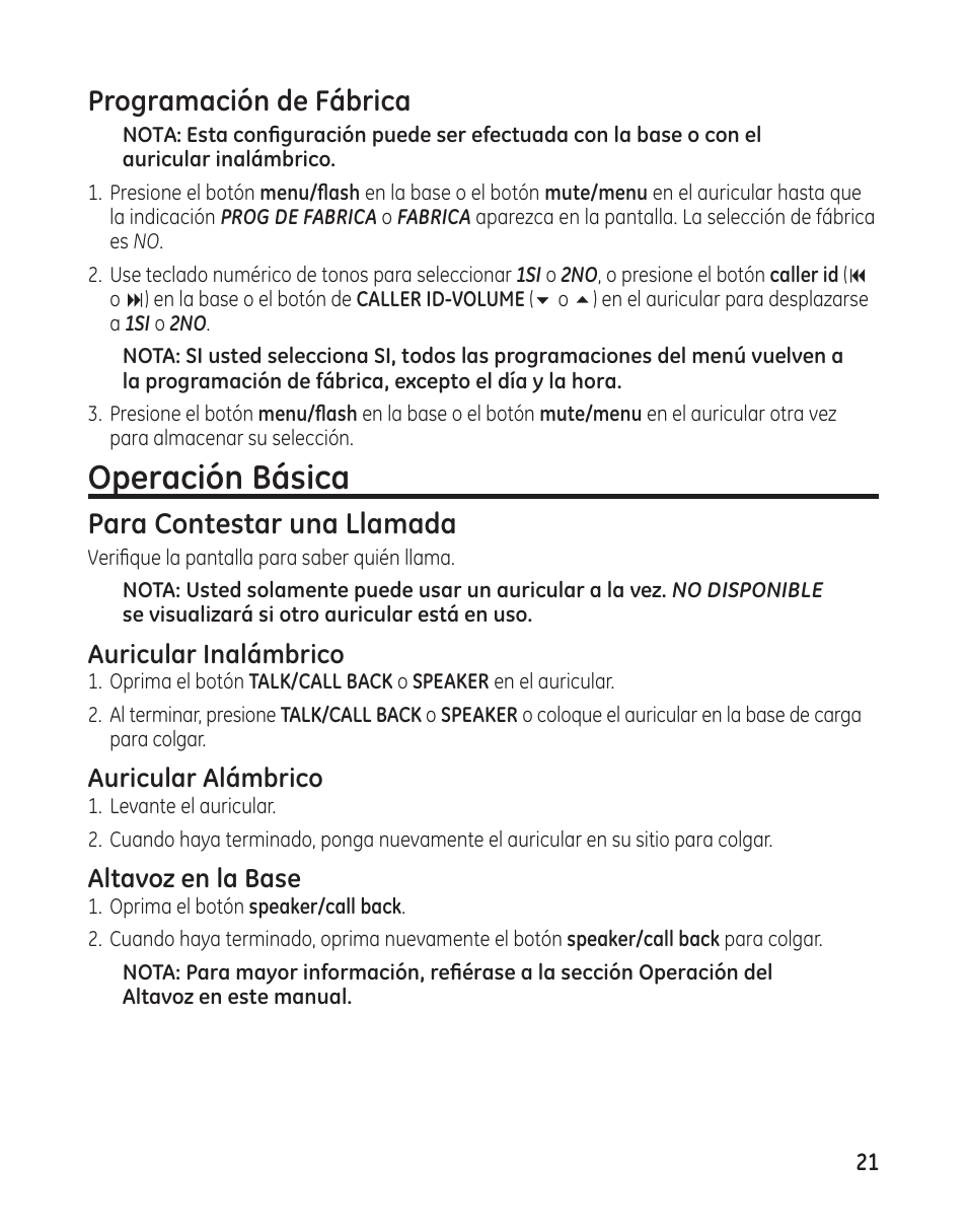 Operación básica, Programación de fábrica, Para contestar una llamada | Auricular inalámbrico, Auricular alámbrico, Altavoz en la base | GE 25982 User Manual | Page 71 / 100