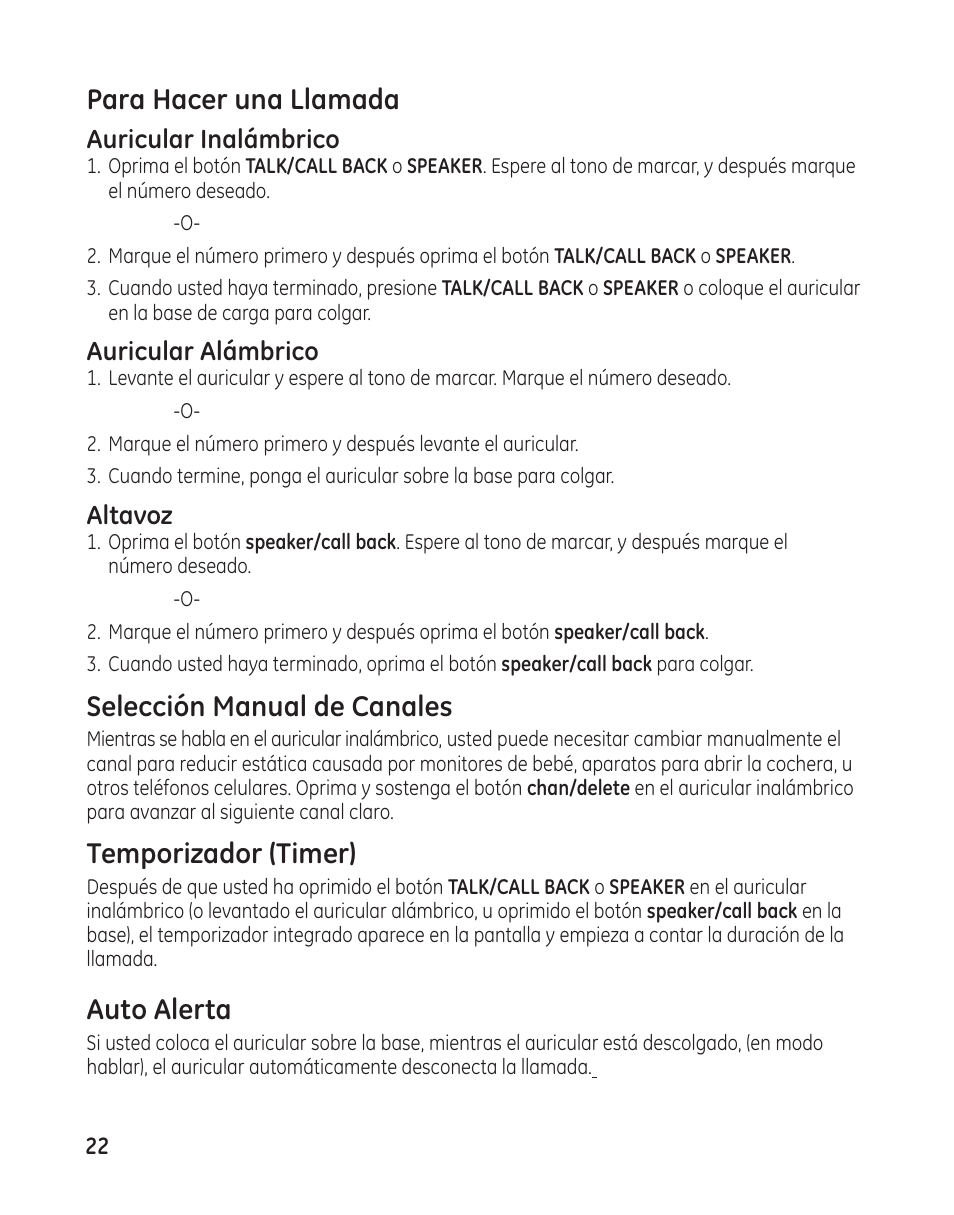 Para hacer una llamada, Selección manual de canales, Temporizador (timer) | Auto alerta, Auricular inalámbrico, Auricular alámbrico, Altavoz | GE 25982 User Manual | Page 72 / 100