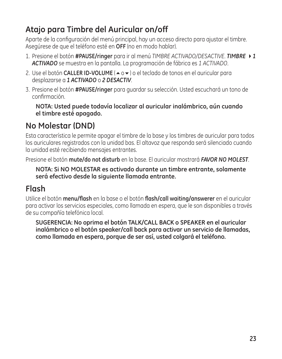 Atajo para timbre del auricular on/off, No molestar (dnd), Flash | GE 25982 User Manual | Page 73 / 100