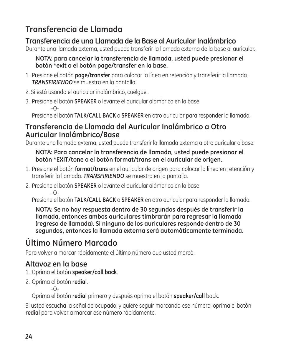 Transferencia de llamada, Último número marcado, Altavoz en la base | GE 25982 User Manual | Page 74 / 100