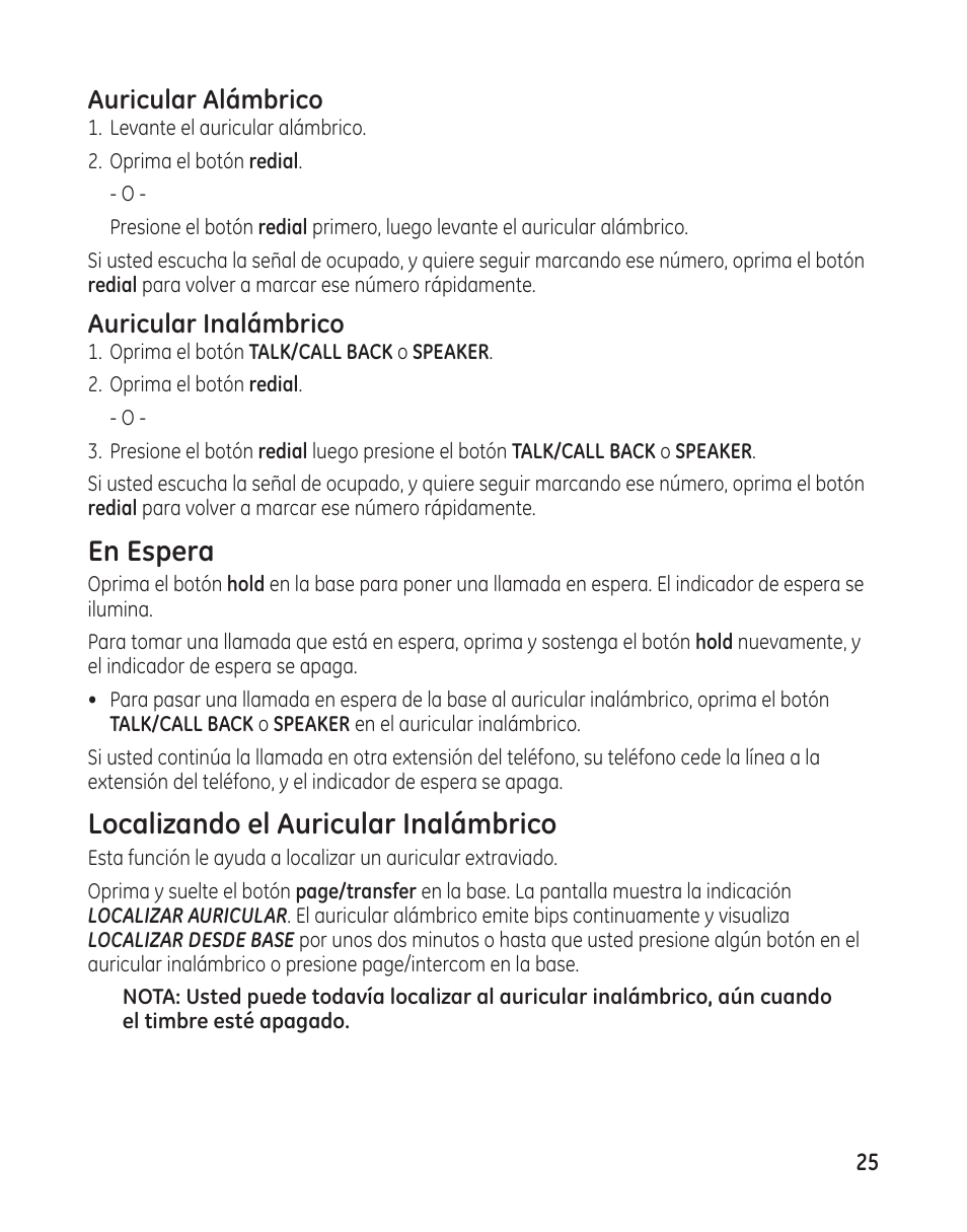 En espera, Localizando el auricular inalámbrico, Auricular alámbrico | Auricular inalámbrico | GE 25982 User Manual | Page 75 / 100